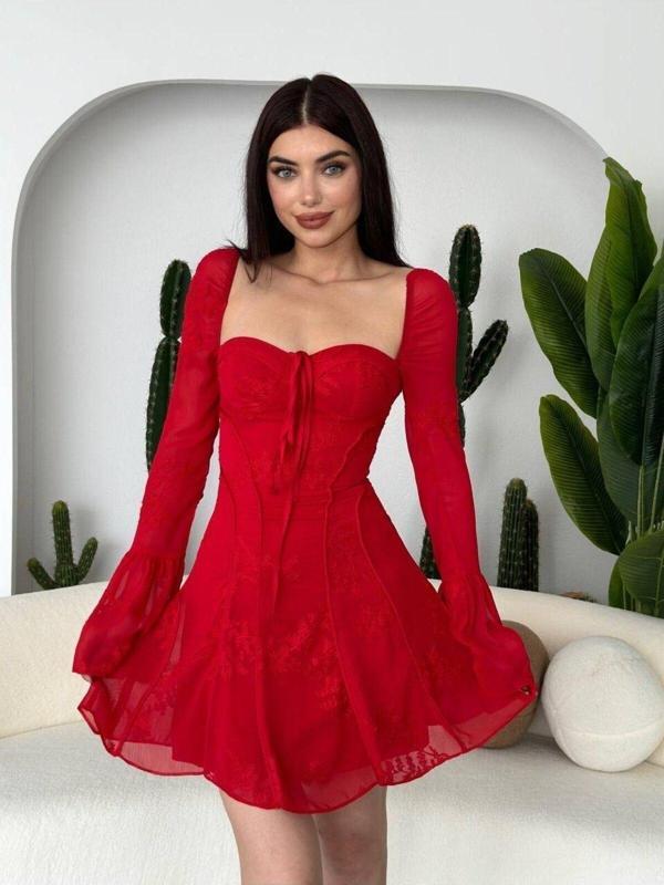 Vintage Dantel Mini Elbise Parlama Uzun Kollu A-Line Sonbahar Balo Akşam Partisi Kısa Elbise - Image 1