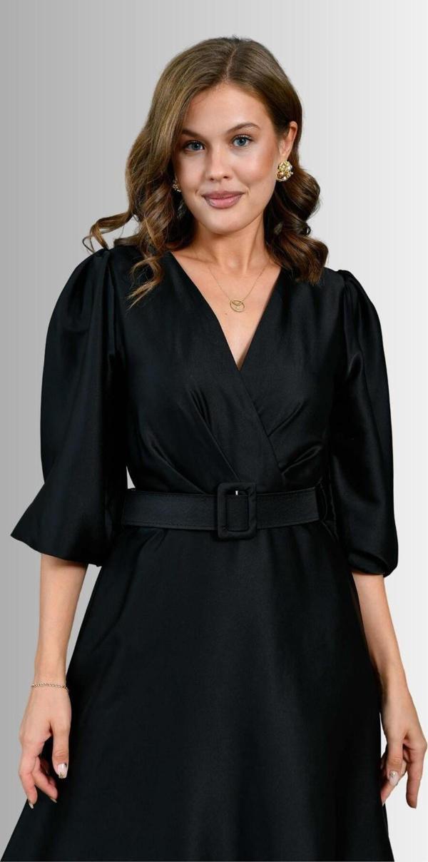 Zıshan Midi Boy Saten Kumaş Kemer Detaylı Balon Kol Kruvaze Yaka Kadın Abiye Elbise - 127 - Image 1