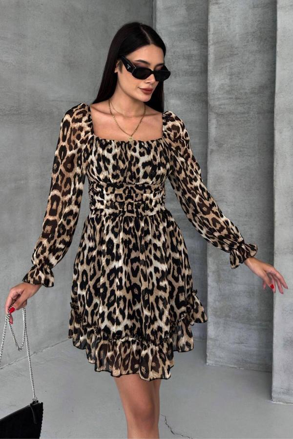 Zıshan Leopar Desenli Düşük Omuz Şifon Mini Kadın Abiye Elbise 006 - Image 1