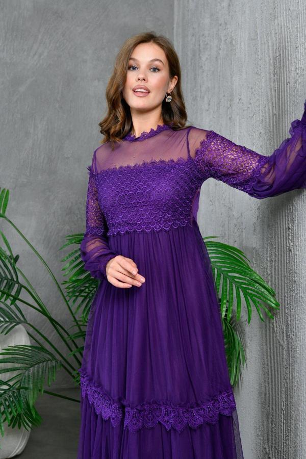 Zıshan Kadın Tül Abiye Elbise - Güpürlü Uzun Tül Kollu Dantel Yaka Nikah Düğün Elbisesi 134 - Image 1