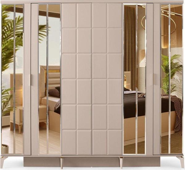 Avm 24 Helsinki Gardırop-mdf-kum Beji-240x60x220cm-6 Kapak-aynalı Kapak - Image 1