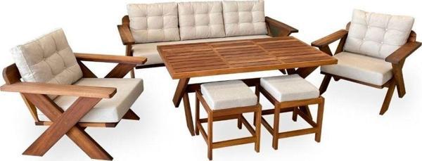 Zerka Concept Matruşka Masif Kayın Ahşap Bahçe Balkon 3+1+1 Koltuk, Masa Ve Puf Takımı Krem Renk - Image 1