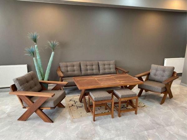 Zerka Concept Verona Masif Ahşap Bahçe Balkon Koltuk Takımı Kestane Ağacı 1 Adet Üçlü 2 Adet Tekli Ve Masa Gri - Image 1