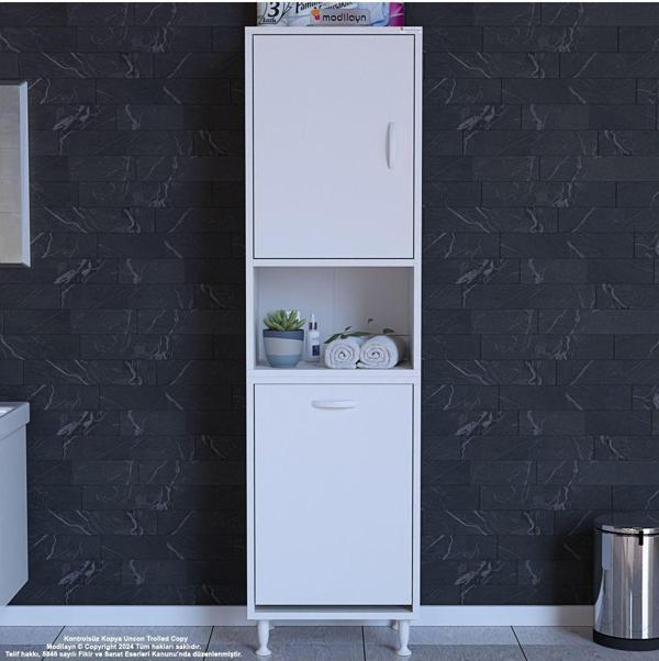 Modilayn Söke Şile 45 X 160 X 32,5 Cm 3 Raflı 1 Kapaklı Kirli Çamaşır Bölmeli Banyo Dolabı - Image 1