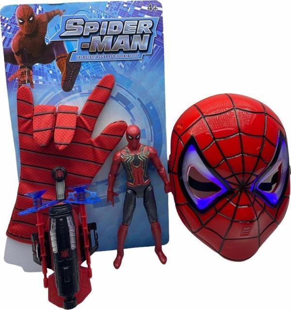 Spiderman Vantuz Atan Eldiven+Işıklı Maske+18 Cm Işıklı Figür 3 Lü Set Oyuncak Spiderman - Image 1