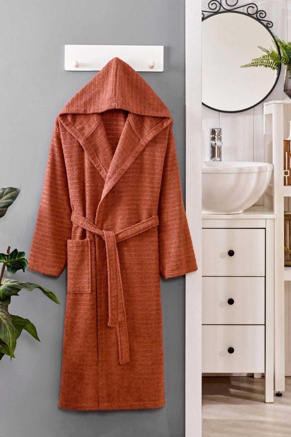 Kapüşonlu Unisex Banyo Bornozu %100 Soft Pamuklu Kahve - Image 1