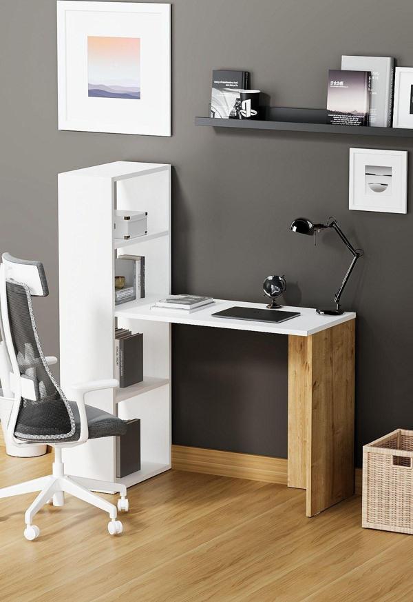 Fly Mobilya Star Raflı Çalışma Masası, Beyaz Meşe Kitaplıklı Bilgisayar Masası, Ofis Ders Laptop Masası - Image 1