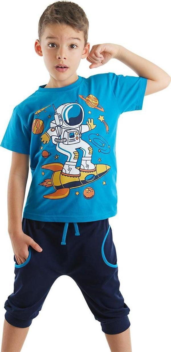 Astronot Lacivert Erkek Çocuk Yazlık T-shirt Kapri Şort Takım - Image 1