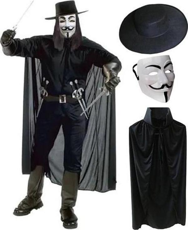 Himarry V For Vendetta Maskesi Şapkası ve Pelerin Kostüm Seti Yetişkin Boy - Image 1