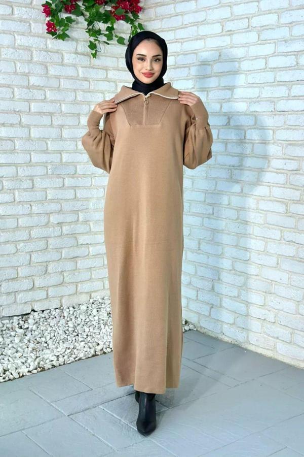 Cym Butik Çizgili Fermuarlı Uzun Triko Tesettür Elbise - Image 1