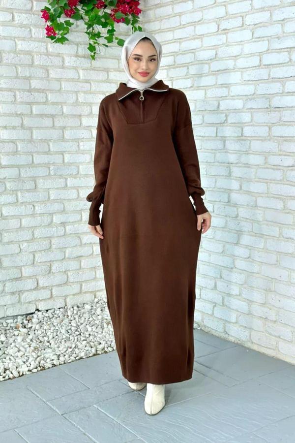 Cym Butik Çizgili Fermuarlı Uzun Triko Tesettür Elbise - Image 1