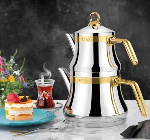 Yonca Lines L-3020 Naz Orta Boy Çelik Çaydanlık Takımı Altın Kemerli - Image 1