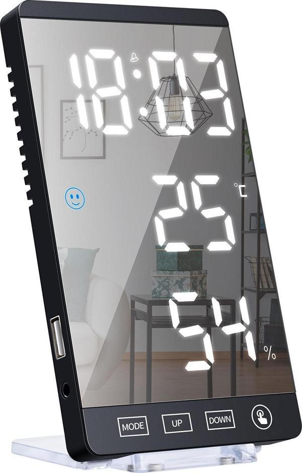 Valkyrie Aynalı LED Dereceli Nem Ölçer Alarmlı Masa Saati SİYAH - Image 1