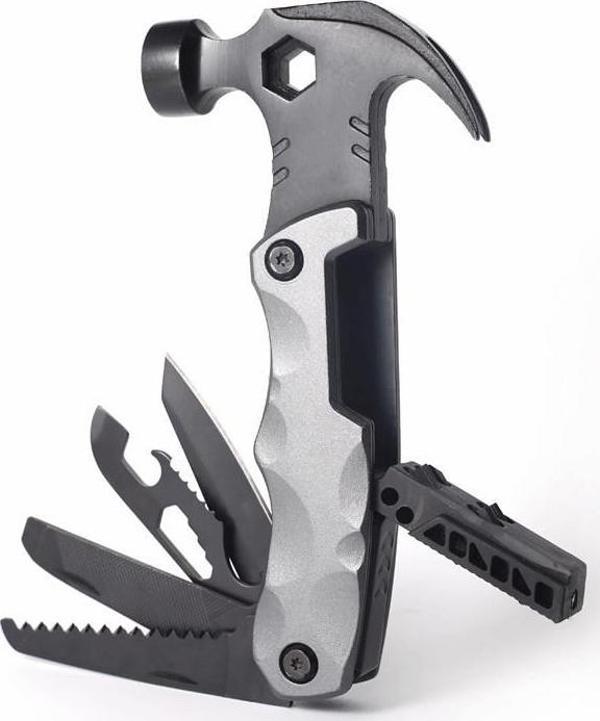 Valkyrie Çok Fonksiyonlu Çekiç Çakı Çantalı Kamp Outdoor Testere Tornavida Seti Gri - Image 1