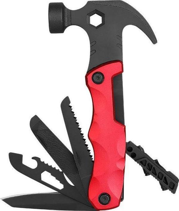 Valkyrie Çok Fonksiyonlu Çekiç Çakı Çantalı Kamp Outdoor Testere Tornavida Seti Kırmızı - Image 1