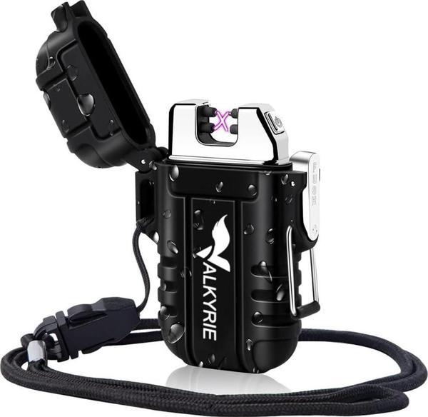 Valkyrie Su Geçirmez Şarjlı USB Çakmak Çift Ark Gazsız Plazma Elektrikli Alevsiz Çakmak Siyah - Image 1