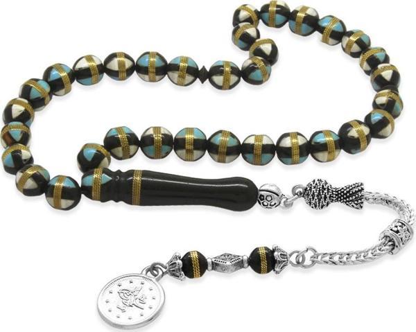 Kararmaz Metal Püsküllü Mavi-Beyaz Mine Dolgulu Pirinç Sarmal Küre Kesim Kuka Tesbih - Image 1