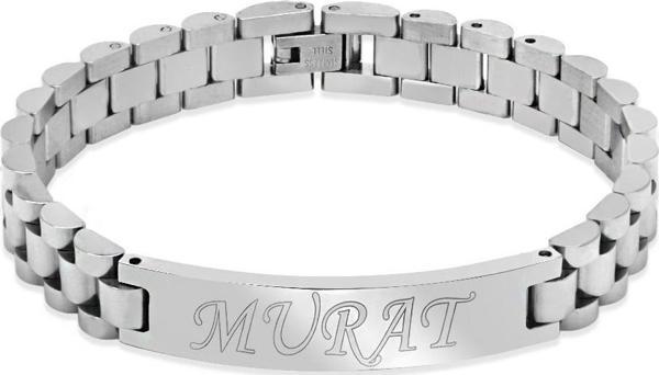 Kişiye Özel İsim Yazılı Gümüş Renk Kalın Çelik Erkek Bileklik - Image 1