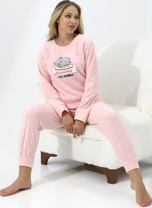 Fawn 5006 Peluş Welsoft Polar Kışlık Yumoş Kadın Pijama Takımı Uyuyan Kedili  - Image 1