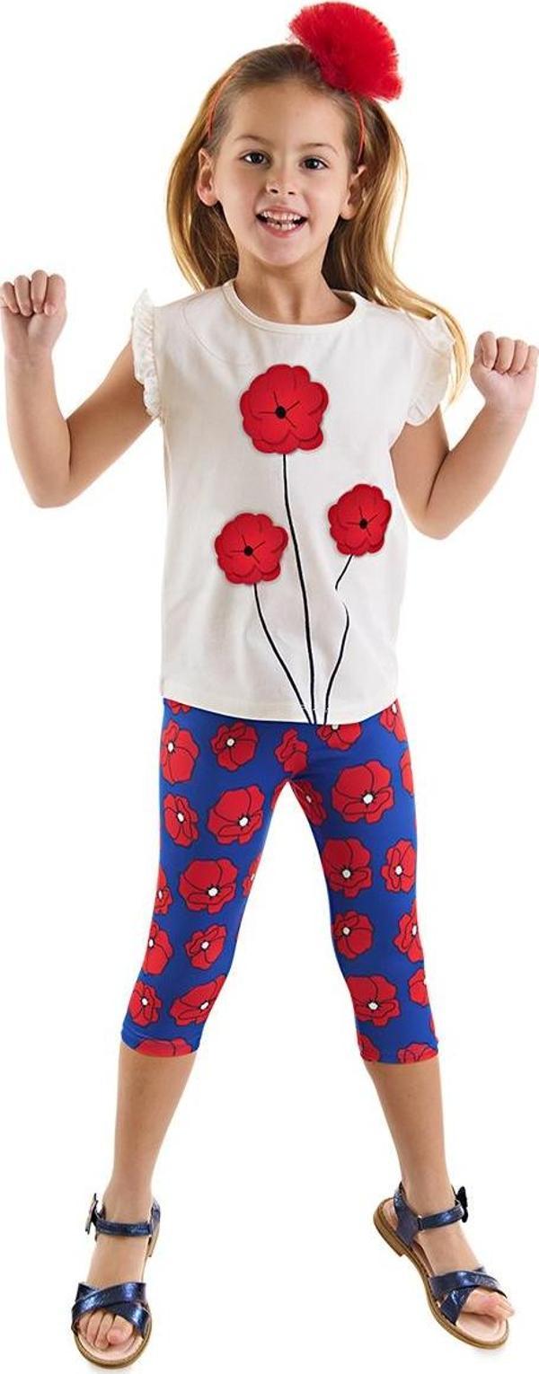 Fırfırlı Kırmızı Gelincik Kız Çocuk Yazlık T-shirt Tayt Takım - Image 1