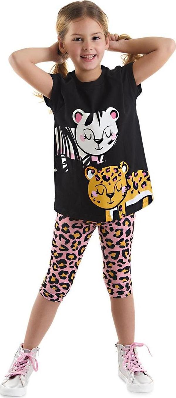 Leopar ve Zebra Kız Çocuk Yazlık Tunik T-shirt Tayt Takım - Image 1