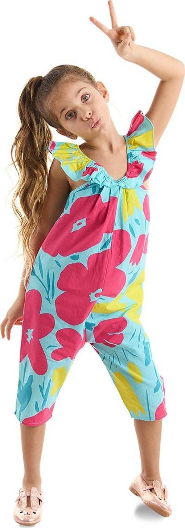 Çiçekli Bahçe Kız Çocuk Poplin Tulum - Image 1