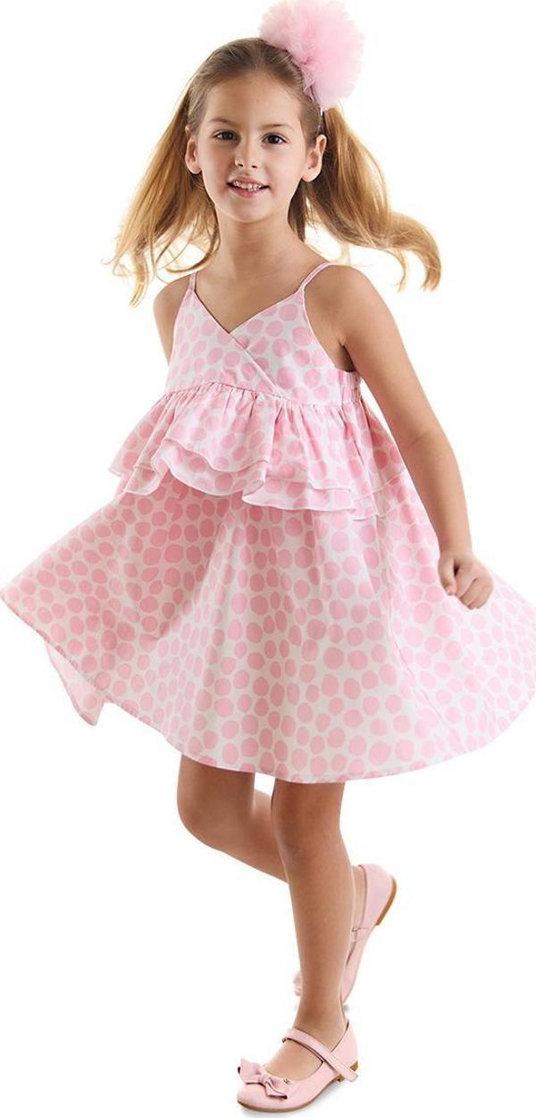 Pembe Puantiye Kız Çocuk Poplin Fırfırlı Askılı Elbise - Image 1