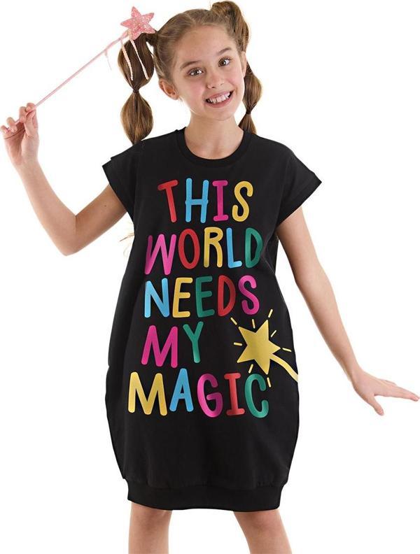 Magical Kız Çocuk Siyah Eteği Lastikli Yazlık Elbise - Image 1