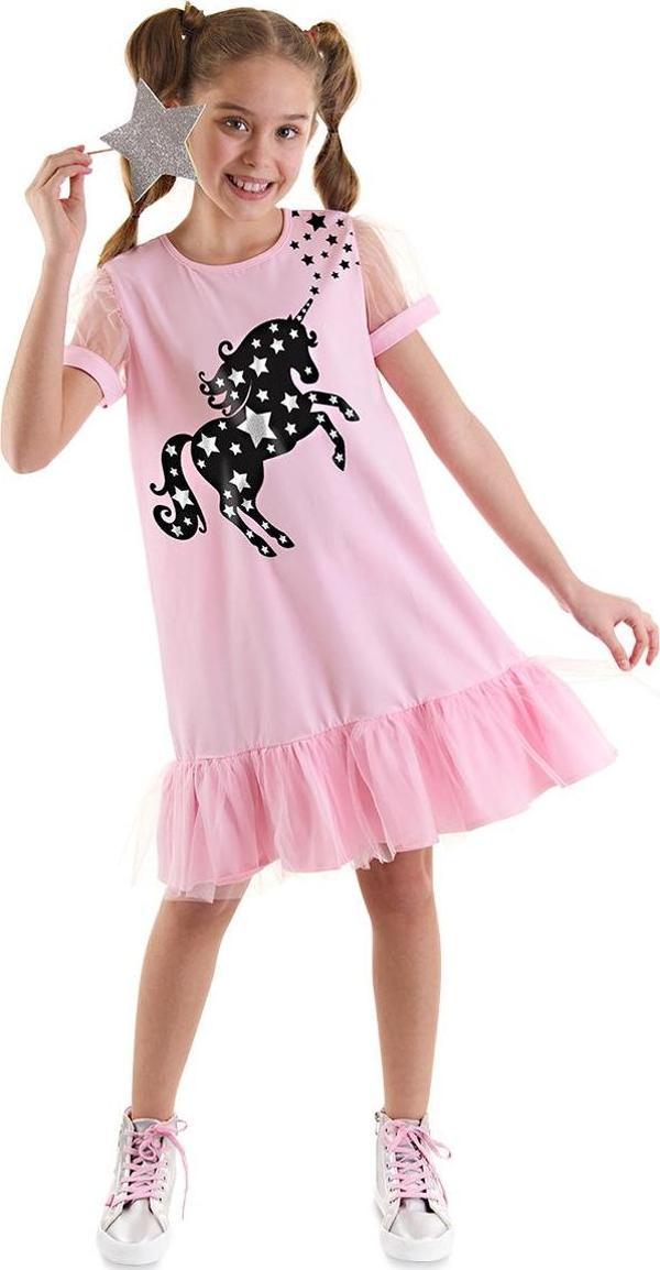 Yıldızlı Unicorn Kız Çocuk Pembe Tüllü Fırfırlı Yazlık Elbise - Image 1