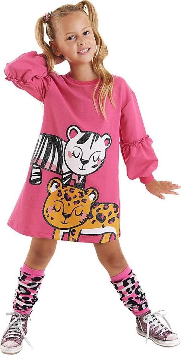 Leopar Zebra Kız Çocuk Pembe Balon Kollu Elbise - Image 1