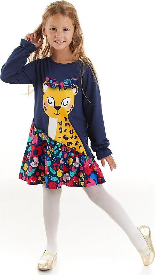 Çiçekli Leoparlı Fırfırlı Lacivert Kız Çocuk Elbise - Image 1