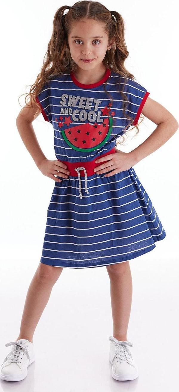 Cool Melon Çizgili Kız Çocuk Yazlık Lastikli Lacivert Elbise - Image 1