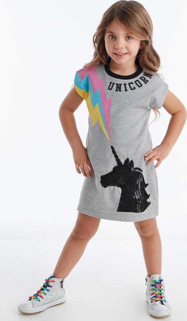 Gri Unicorn Payet İşlemeli Kız Çocuk Yazlık Elbise - Image 1
