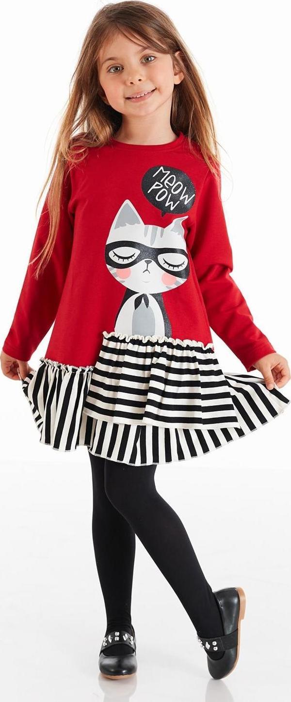 Kırmızı Meow Pow Çizgili Kız Çocuk Uzun Kollu Fırfırlı Elbise - Image 1