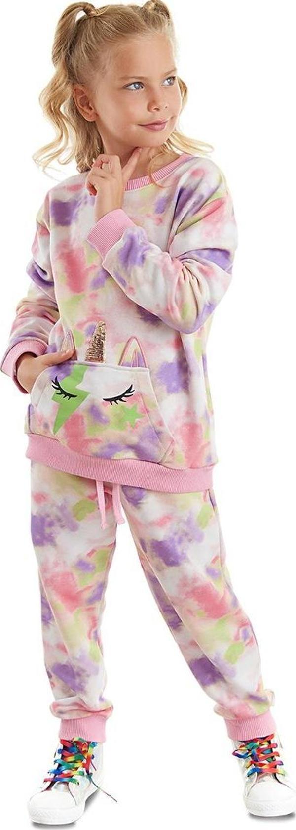 Unicorn Batik Desenli Kanguru Cepli Kız Çocuk Eşofman Takım - Image 1
