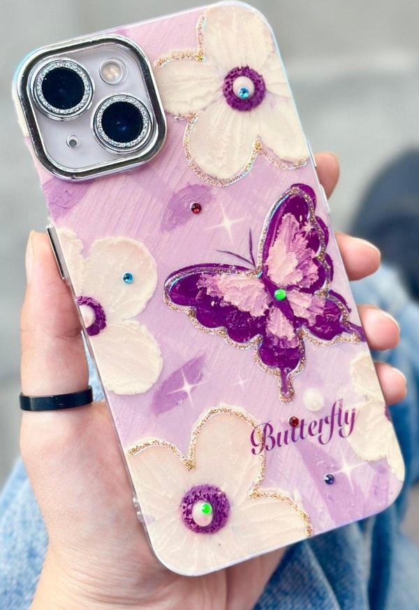 iPhone 13 Çiçek Desenli Kendinden Lens Korumalı Elektrokaplama Parlak Şık Hologramlı Paint Kılıf - Image 1