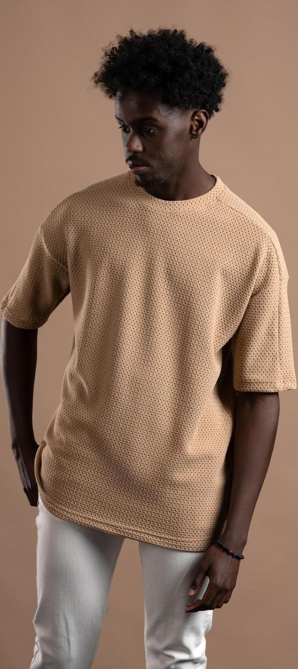 Oversize (Bol Kesim) Bisiklet Yaka Örgülü Likralı Kısa Kol T-shirt - Image 1