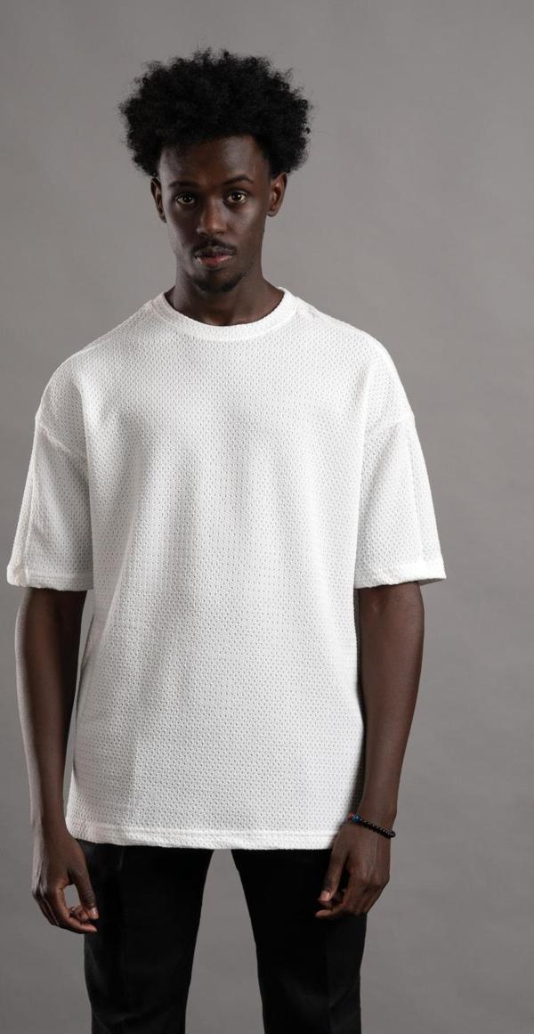 Oversize (Bol Kesim) Bisiklet Yaka Örgülü Likralı Kısa Kol T-shirt - Image 1