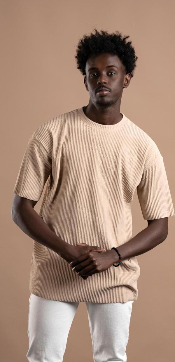 Oversize (Bol Kesim) Kalın Fitilli Bisiklet Yaka Kısa Kol T-shirt - Image 1