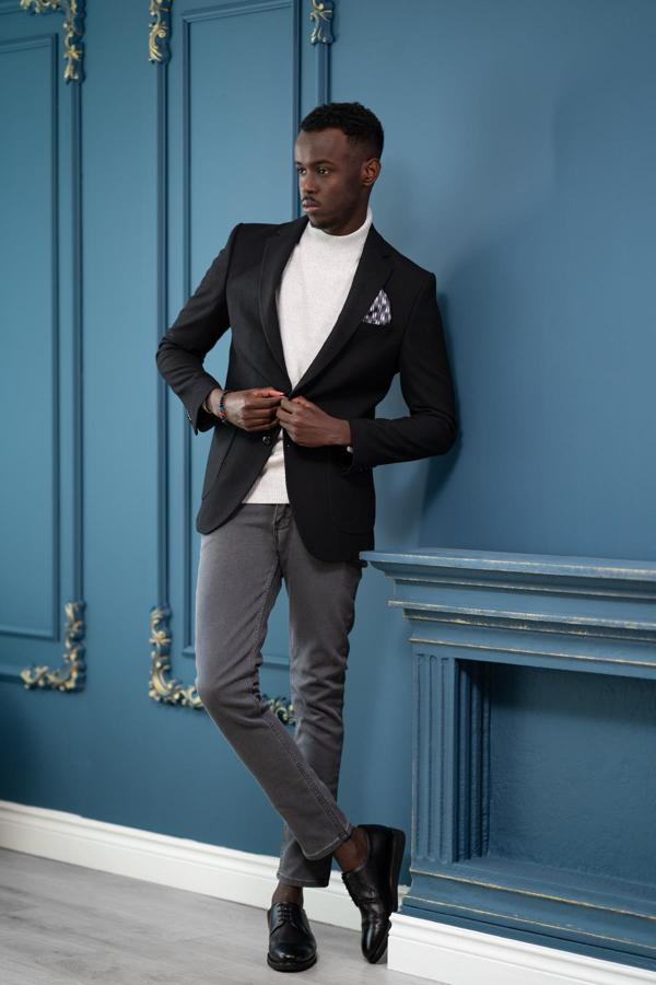 Apartro Regular Fit Mono Yaka Çift Yırtmaç Torba Cep Armürlü Tek Ceket - Image 1