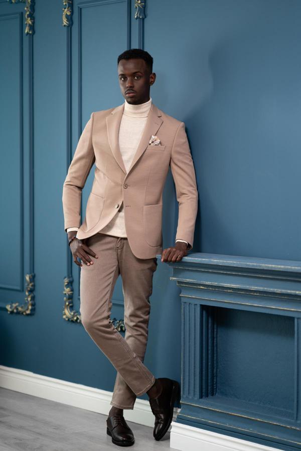 Armürlü Regular Fit Mono Yaka Çift Yırtmaç Torba Cep Tek Ceket - Image 1