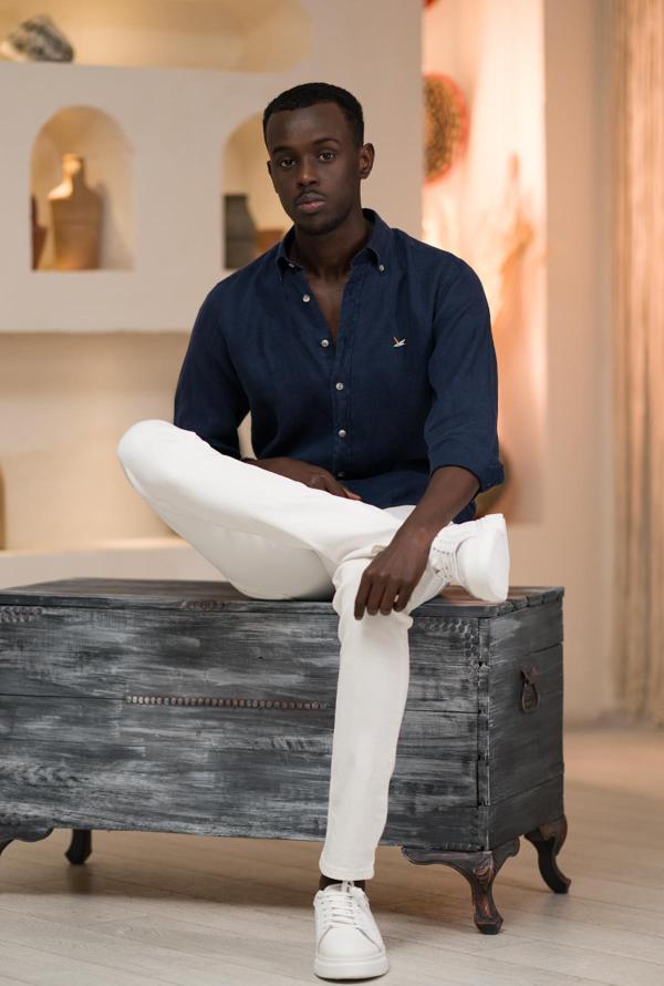 Dorss Slimfit %100 Linen (Ham Keten) Uzun Kol Yaka Düğmeli Yazlık Gömlek  - Image 1