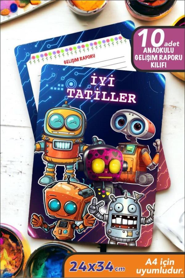 10 Adet Robotlar Temalı A4 Anaokulu Ana Sınıfı Gelişim Raporu Karne Kılıfı Kabı Karne Süsleme 24x34 - Image 1