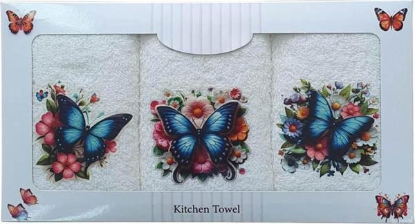 3 lü Kelebek Baskılı %100 Pamuklu Mutfak Havlusu 30 x 50 Cm - Image 1