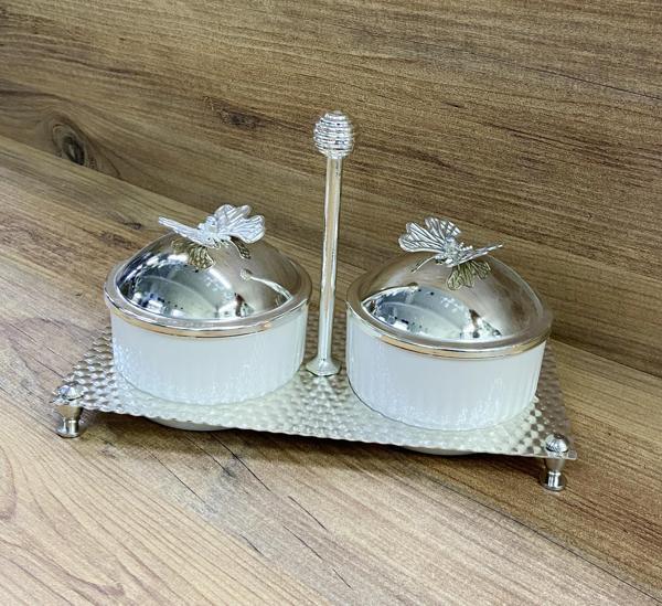 Kapaklı Çerezlik Reçellik Sunumluk 2li Metal Standlı Porselen - Image 1