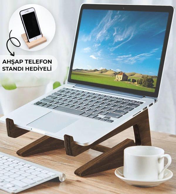 BK Gift Özel Tasarım Taşınabilir Ahşap Notebook Laptop Standı (Ahşap Telefon Standı Hediyeli) - Image 1