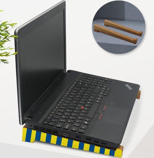 BK Gift Taşınabilir Ahşap Sarı Lacivert Notebook Laptop Standı - Image 1