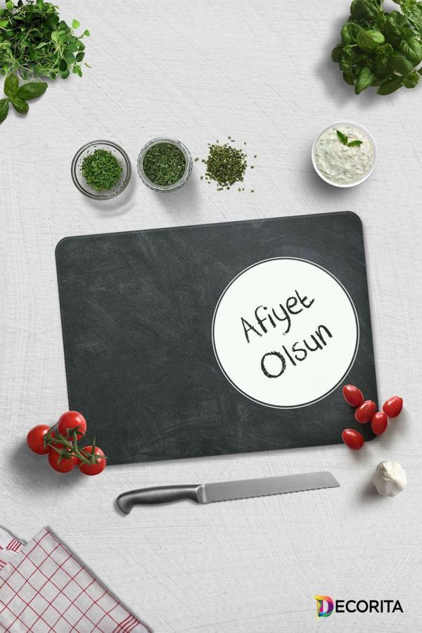 Cam Kesme Tahtası - Cam Kesme Tablası | Afiyet Olsun | Kara Tahta Görünümlü | 30cm x 40cm - Image 1