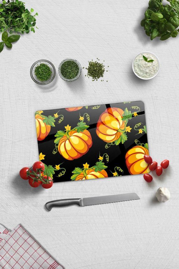 Cam Kesme Tahtası - Cam Kesme Tablası | Balkabağı Siyah Fon | 20cm x 30cm - Image 1