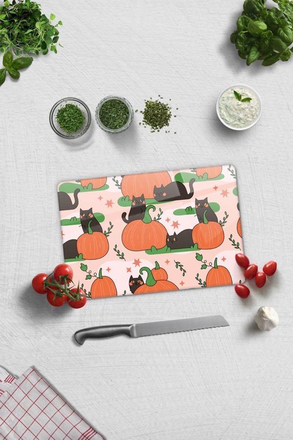 Cam Kesme Tahtası - Cam Kesme Tablası | Balkabağı ve Kedi | 20cm x 30cm - Image 1